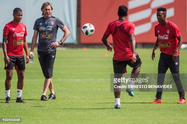 Peruvian national football team head coach, Argentinian Ricardo Gareca , conducts a training session in Lima on March 15 before the team's departure...