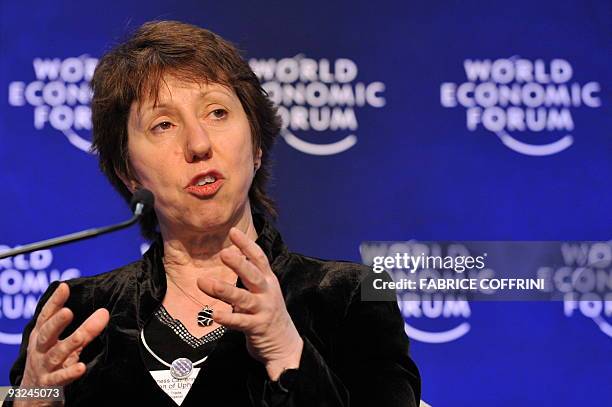Trade Commissioner Catherine Ashton of Upholland talks while attending a session "The Fight against Protectionism" on the fourth day of the World...