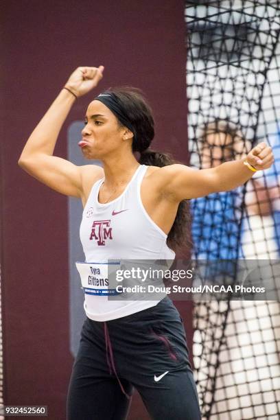 Tyrah Gittens of Texas A&M University takes second place in the Shot Put portion of the Women's Pentathlon during the Division I Men's and Women's...