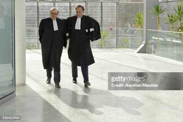 Lawyers Herve Temime and Pierre Olivier Sur, representing Laura Smet, arrive at the courthouse for the Johnny Hallyday hearing commencing today at...