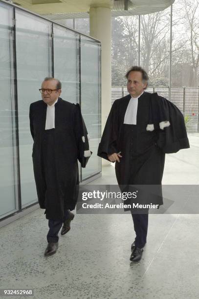 Lawyers Herve Temime and Pierre Olivier Sur, representing Laura Smet, arrive at the courthouse for the Johnny Hallyday hearing commencing today at...