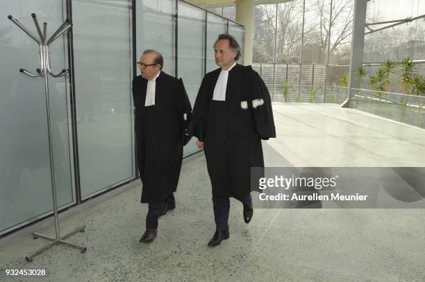 Lawyers Herve Temime and Pierre Olivier Sur, representing Laura Smet, arrive at the courthouse for the Johnny Hallyday hearing commencing today at...