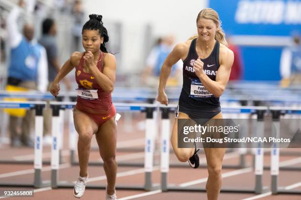 Payton Chadwick of the University of Arkansas, Anna Cockrell of the University of Southern California compete in Heat 2 of the Women's 60 Meter...