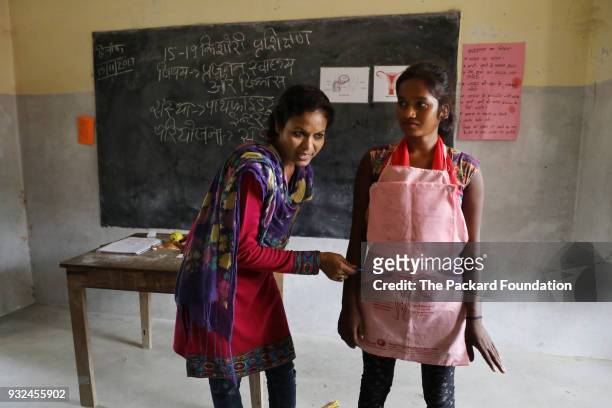 Teacher uses interactive tools to explain reproductive health systems to a classroom of unmarried adolescent girls. The girls are learning about the...