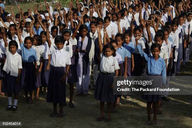 Students line up for the morning assembly at Middle School Keoti Balak. Teachers at the school deliver CorStone's Youth First program, an integrated...