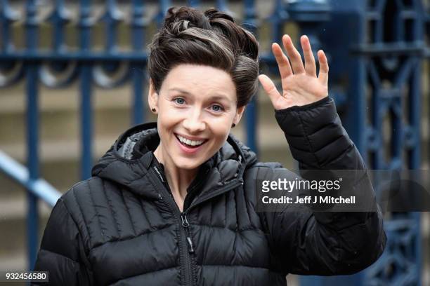 Catriona Balfe from the TV series Outlander departs a filming location at St Andrew's Square on March 15, 2018 in Glasgow, Scotland. Dozens of fans...