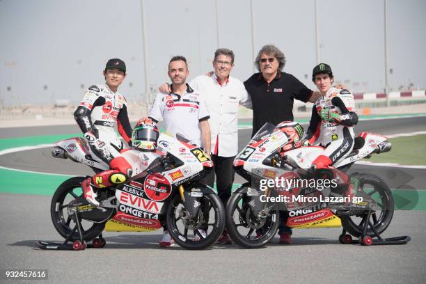 Tatsuki Suzuki of Italy and Sic 58 Squadra Corse Honda and Niccolo Antonelli of Italy and Sic 58 Squadra Corse Honda pose with team and bikes on...