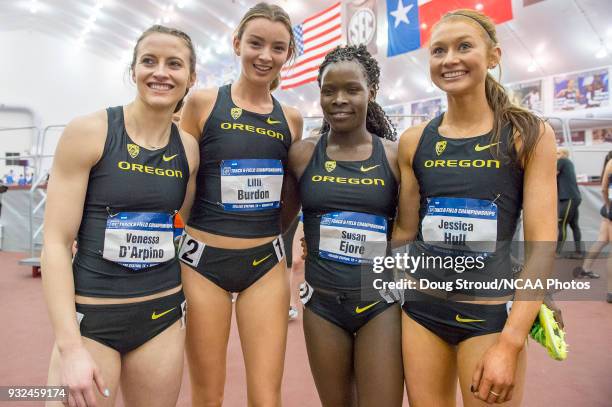 Venessa D'Arpino, Lilli Burdon, Susan Ejore and Jessica Hull of the University of Oregon win the Women's Distance Medley during the Division I Men's...