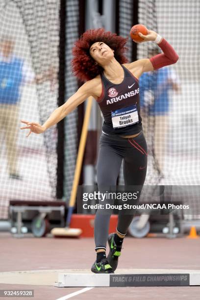 Taliyah Brooks of the University of Arkansas competes in the Shot Put portion of the Women's Pentathlon during the Division I Men's and Women's...