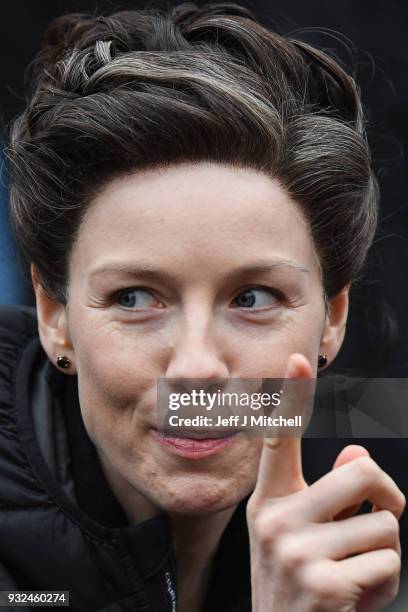 Catriona Balfe from the TV series Outlander departs a filming location at St Andrew's Square on March 15, 2018 in Glasgow, Scotland. Dozens of fans...