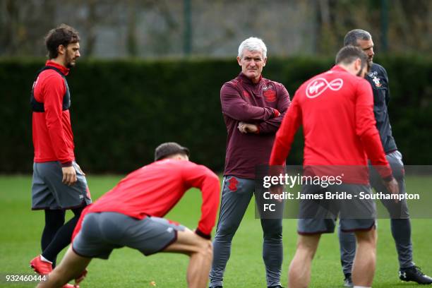 Newly appointed manager Mark Hughes during a Southampton FC first team training session at Staplewood Complex on March 15, 2018 in Southampton,...