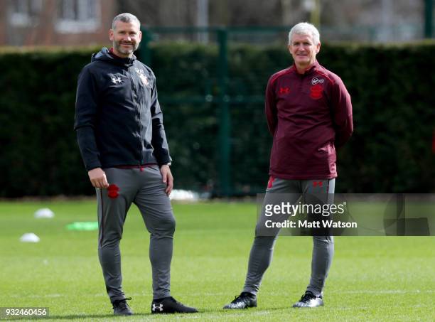 Newly appointed manager Mark Hughes and Senior First Team Coach Kelvin Davis during a Southampton FC training session at the Staplewood Campus on...