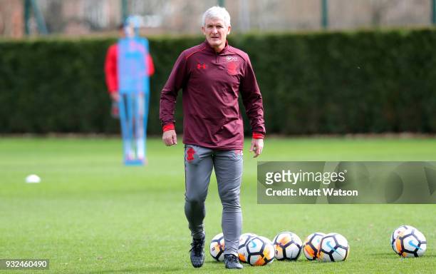 Newly appointed manager Mark Hughes during his first Southampton FC training session at the Staplewood Campus on March 15, 2018 in Southampton,...