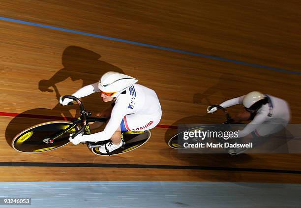 Anna Meares leads out Australian teammate Emily Rosemond in the Bronze medal rideoff of the Women's Team Sprint during the second day of the UCI...