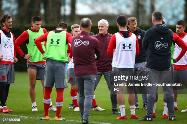Newly appointed manager Mark Hughes speaks to the Southampton FC team during a Southampton FC first team training session at Staplewood Complex on...