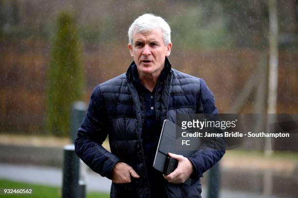 Newly appointed manager Mark Hughes arrives for his first day as Southampton FC First Team Manager at Staplewood Complex on March 15, 2018 in...