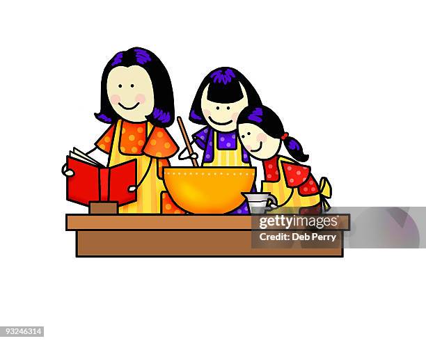 two girls cooking with mom - rezeptbuch stock-grafiken, -clipart, -cartoons und -symbole