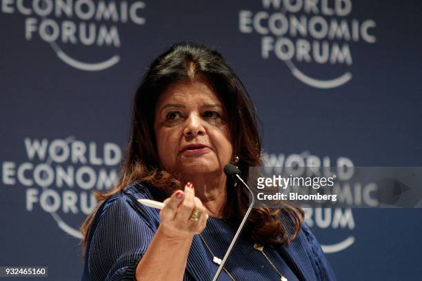 Luiza Helena Trajano, chairwoman of the board of directors for Magazine Luiza SA, speaks during the World Economic Forum on Latin America in Sao...