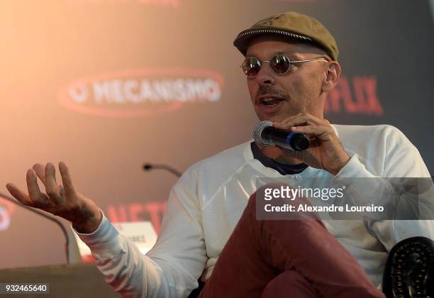 Jose Padilha speaks during the press conference for the new Netflix series O Mecanismo at the Belmond Copacabana Palace Hotel on March 15, 2018 in...