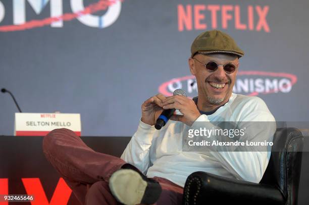 Jose Padilha speaks during the press conference for the new Netflix series O Mecanismo at the Belmond Copacabana Palace Hotel on March 15, 2018 in...