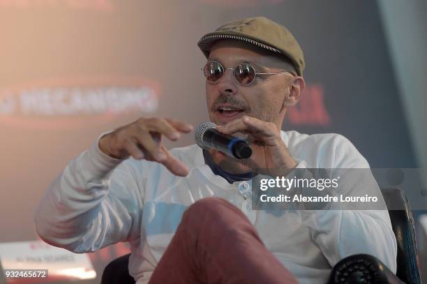 Jose Padilha speaks during the press conference for the new Netflix series O Mecanismo at the Belmond Copacabana Palace Hotel on March 15, 2018 in...