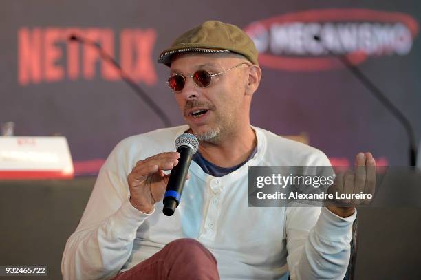 Jose Padilha speaks during the press conference for the new Netflix series O Mecanismo at the Belmond Copacabana Palace Hotel on March 15, 2018 in...