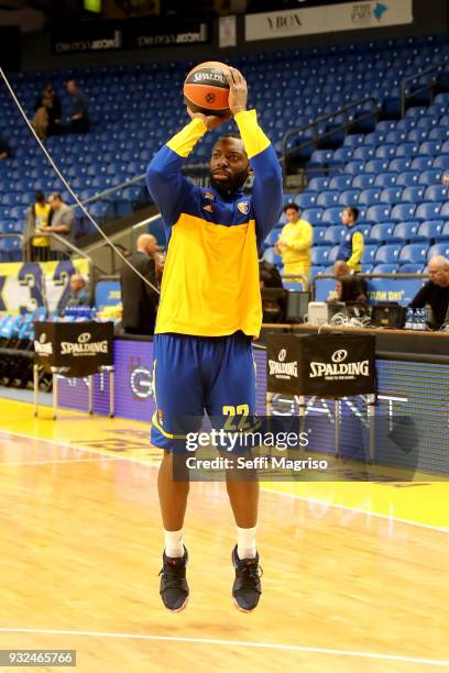 Charles Jenkins, #22 of Khimki Moscow Region warming up during the 2017/2018 Turkish Airlines EuroLeague Regular Season Round 26 game between Maccabi...