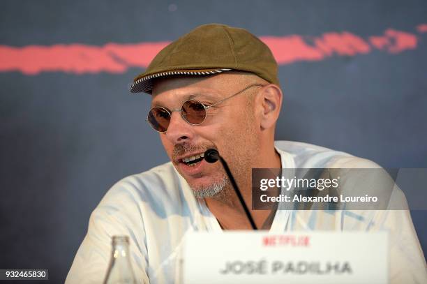 Jose Padilha speaks during the press conference for the new Netflix series O Mecanismo at the Belmond Copacabana Palace Hotel on March 15, 2018 in...