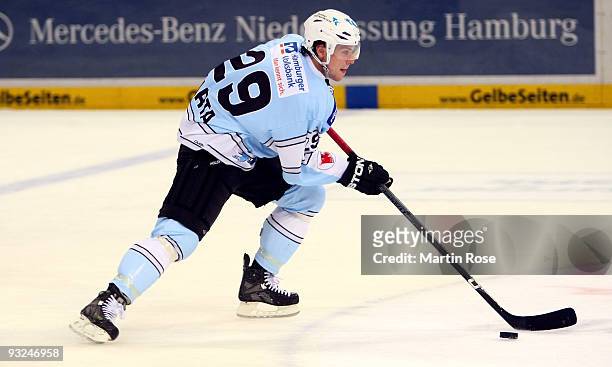 Alex Barta of Hamburg skates with the puck during the DEL match between Hamburg Freezers and Adler Mannheim at the Color Line Arena on November 19,...