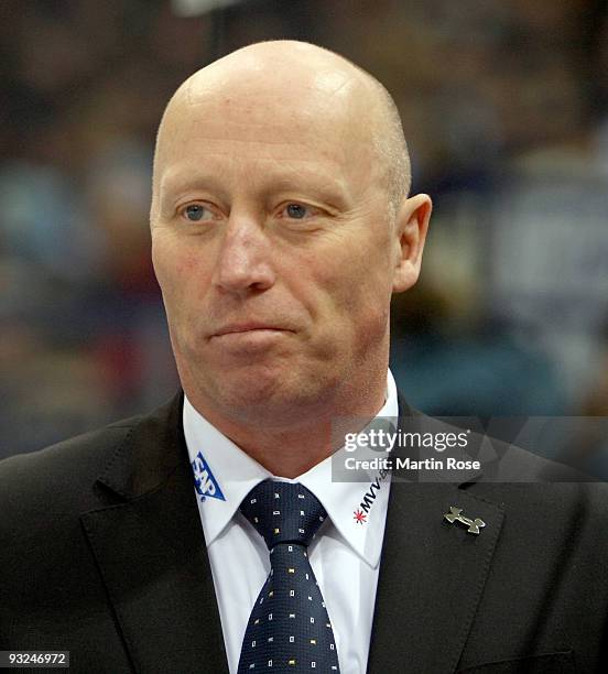 Doug Mason, head coach of Mannheim poses during the DEL match between Hamburg Freezers and Adler Mannheim at the Color Line Arena on November 19,...