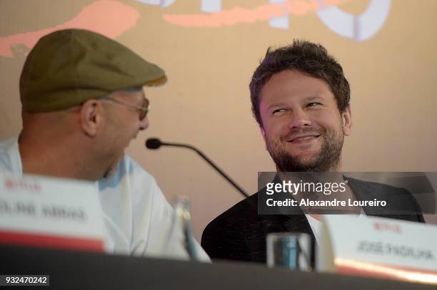 Jose Padilha and Selton Mello speak during the press conference for the new Netflix series O Mecanismo at the Belmond Copacabana Palace Hotel on...