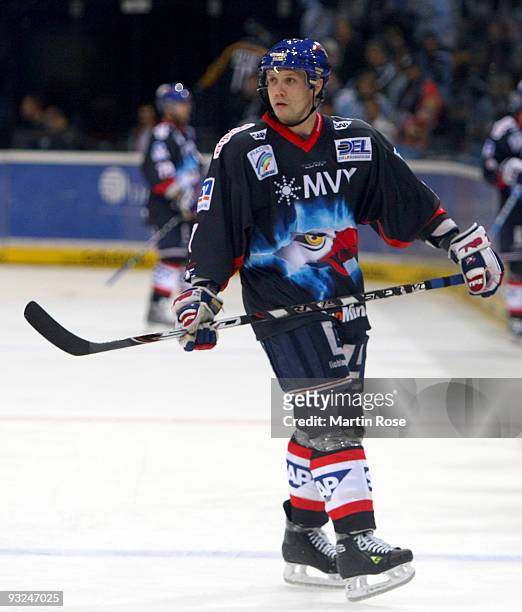 Pascal Trepanier of Mannheim skates during the DEL match between Hamburg Freezers and Adler Mannheim at the Color Line Arena on November 19, 2009 in...