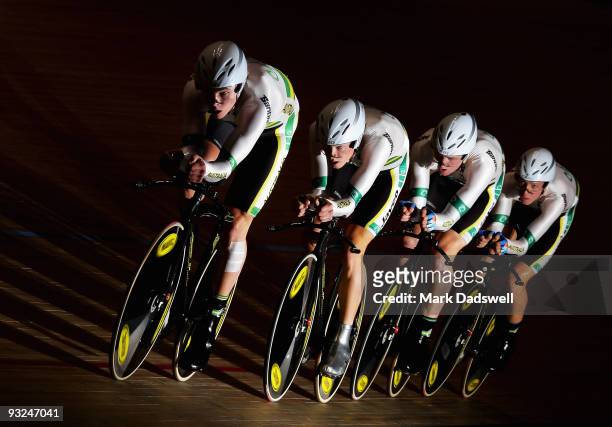 The Australian Mens Pursuit team of Rohan Dennis, Luke Durbridge, Michael Hepburn and Cameron Meyer on their way to winning the Gold Medal during the...