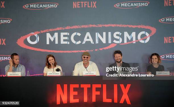 Erick Barmack, Carol Abras, Jose Padilha, Selton Mello and Elena Soarez attend the press conference for the new Netflix series O Mecanismo at the...