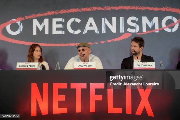 Carol Abras, Jose Padilha and Selton Mello attend the press conference for the new Netflix series O Mecanismo at the Belmond Copacabana Palace Hotel...