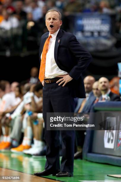 Head coach Rick Barnes of the Tennessee Volunteers looks on in the second half while taking on the Wright State Raiders in the first round of the...