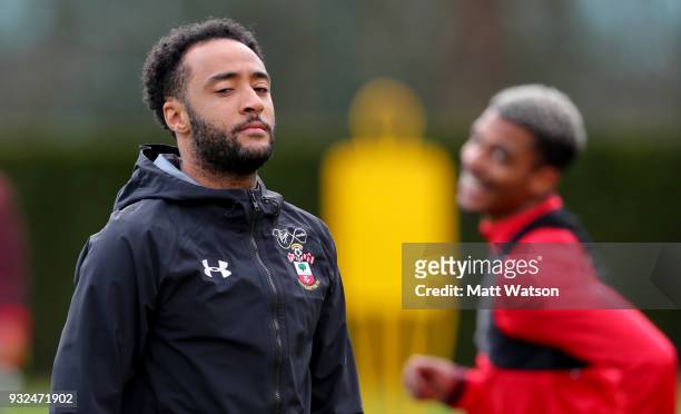 Nathan Redmond during a Southampton FC training session at the Staplewood Campus on March 15, 2018 in Southampton, England.