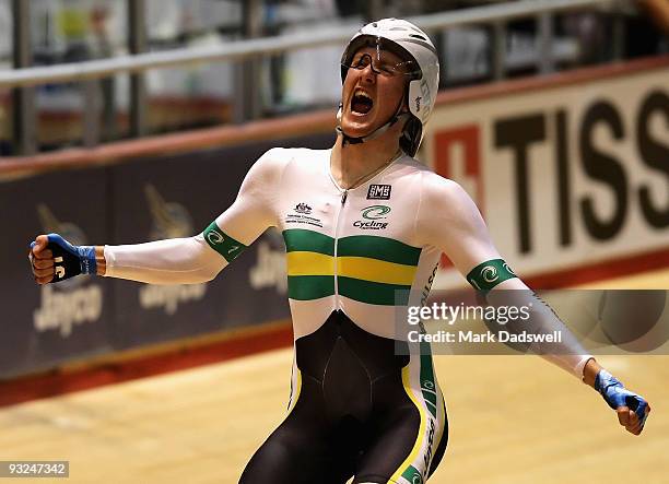 Luke Durbridge of the Australian Mens Pursuit Team celebrates after he and teammates Michael Hepburn, Rohan Dennis and Cameron Meyer won the Gold...