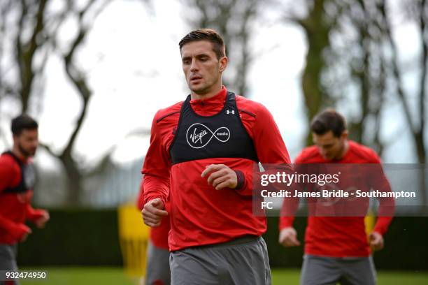 Dusan Tadic during a Southampton FC first team training session at Staplewood Complex on March 15, 2018 in Southampton, England.