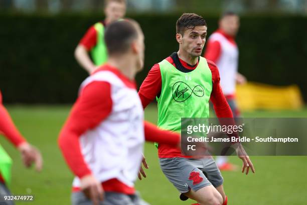Dusan Tadic during a Southampton FC first team training session at Staplewood Complex on March 15, 2018 in Southampton, England.