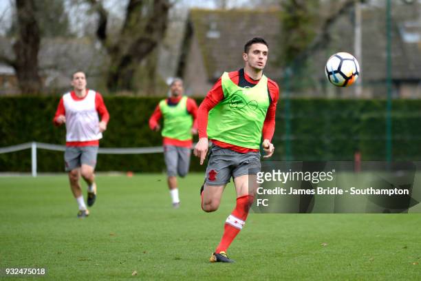 Dusan Tadic during a Southampton FC first team training session at Staplewood Complex on March 15, 2018 in Southampton, England.