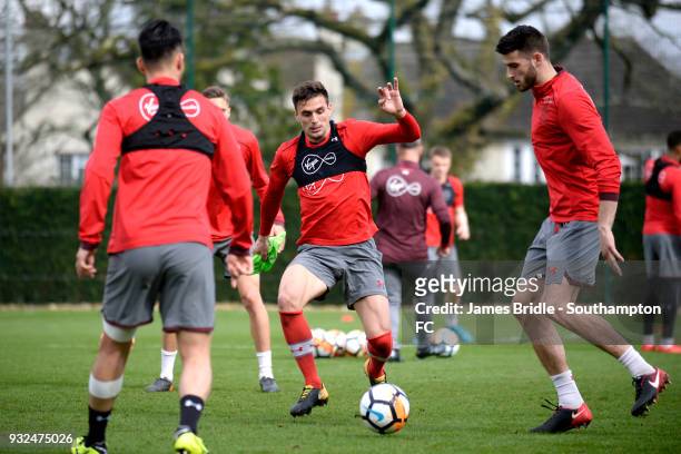 Dusan Tadic during a Southampton FC first team training at Staplewood Complex on March 15, 2018 in Southampton, England.
