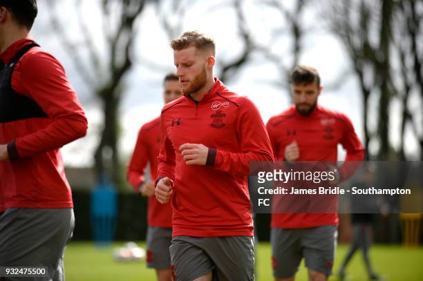 Josh Sims during a Southampton FC first team training session at Staplewood Complex on March 15, 2018 in Southampton, England.