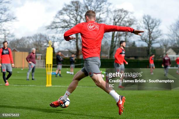 Jack Stephens during a Southampton FC first team training session at Staplewood Complex on March 15, 2018 in Southampton, England.