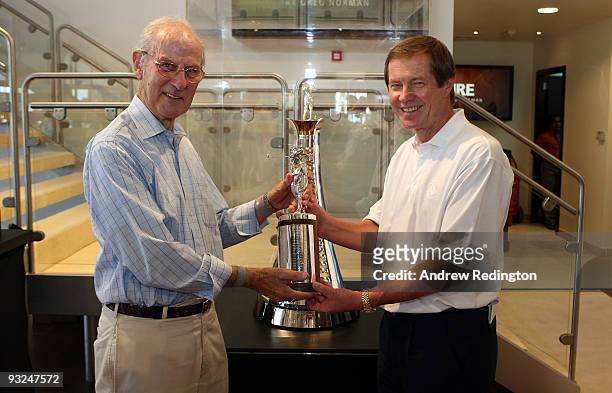 George O'Grady, Chief Executive of The European Tour, presents a replica Vardon trophy to Harry Vardon's son, Peter Howell, in front of the new Race...