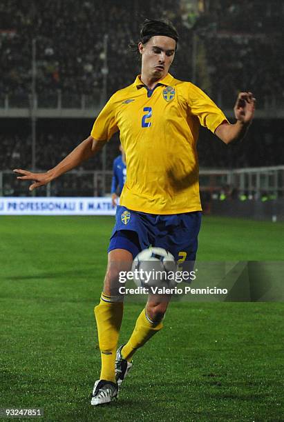 Mikael Lustig of Sweden in action during the international friendly match between Italy and Sweden at Dino Manuzzi Stadium on November 18, 2009 in...