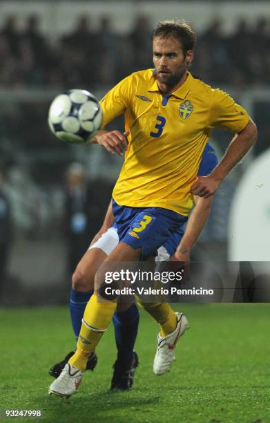 Olof Mellberg of Sweden in action during the international friendly match between Italy and Sweden at Dino Manuzzi Stadium on November 18, 2009 in...