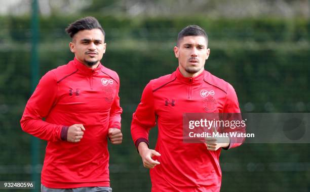 Sofiane Boufal and Jeremy Pied during a Southampton FC training session at the Staplewood Campus on March 15, 2018 in Southampton, England.