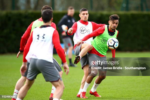 Jeremy Pied and Sofiane Boufal during a Southampton FC first team training at Staplewood Complex on March 15, 2018 in Southampton, England.