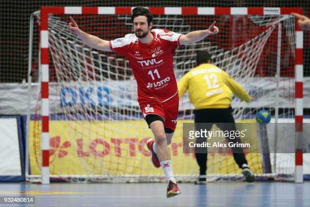 Jonathan Scholz of Ludwigshafen celebrates a goal during the DKB HBL match between Die Eulen Ludwigshafen and HSG Wetzlar at Friedrich-Ebert-Halle on...